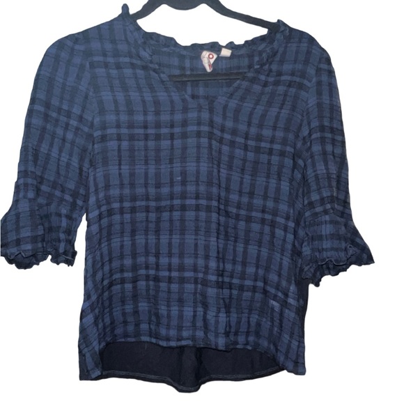 Anthropologie dolan blue plaid ruffle sleeve v neck - Picture 2 of 5